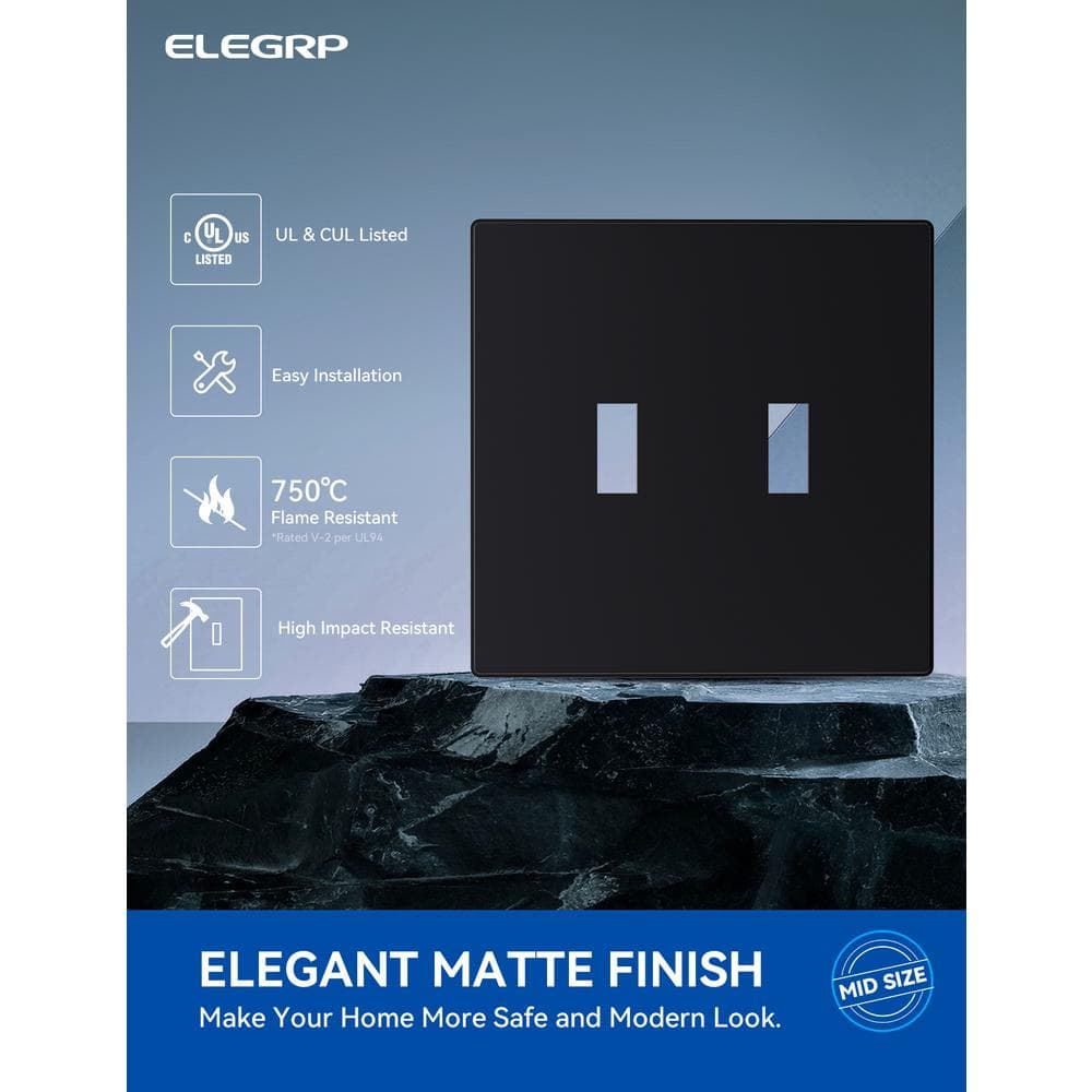 Black 2-Gang Screwless Plastic Toggle Wall Plate
