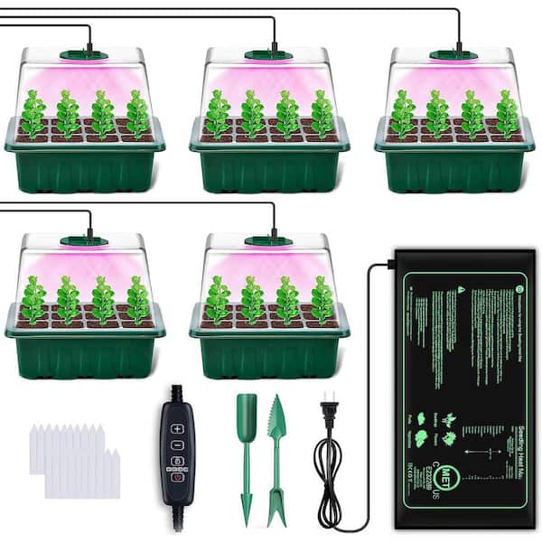 Seed Starter Tray with Grow Light, 5 in. Humidity Dome, Heat Mat, Thicken Trays, Seedling Kit, 5-Pack