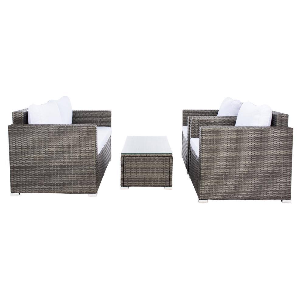 Machie Grey Brown Wicker 3-Person Outdoor Living Set with White Cushions