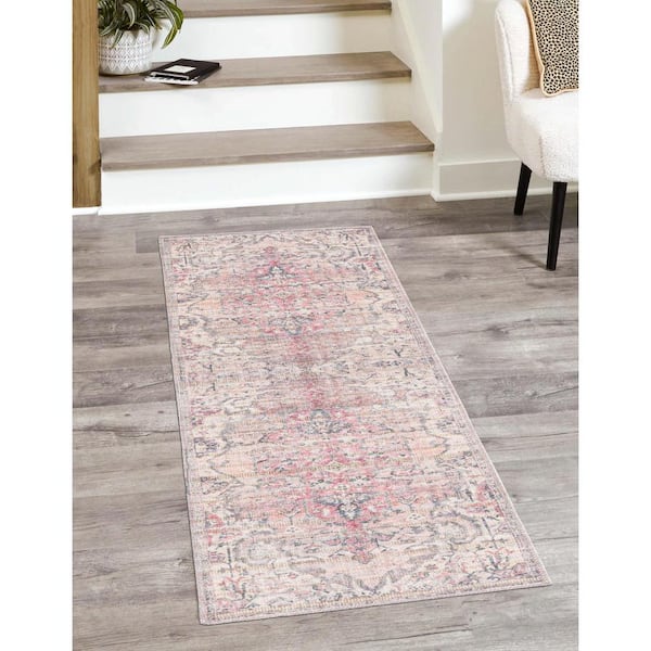 Nostalgia Meknes Beige Pink 2 ft. 7 in. x 12 ft. Machine Washable Area Rug
