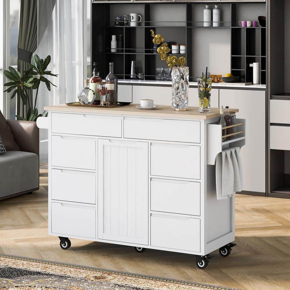 Harper & Bright Designs White Kitchen Cart with Rubber Wood Top, 8 ...