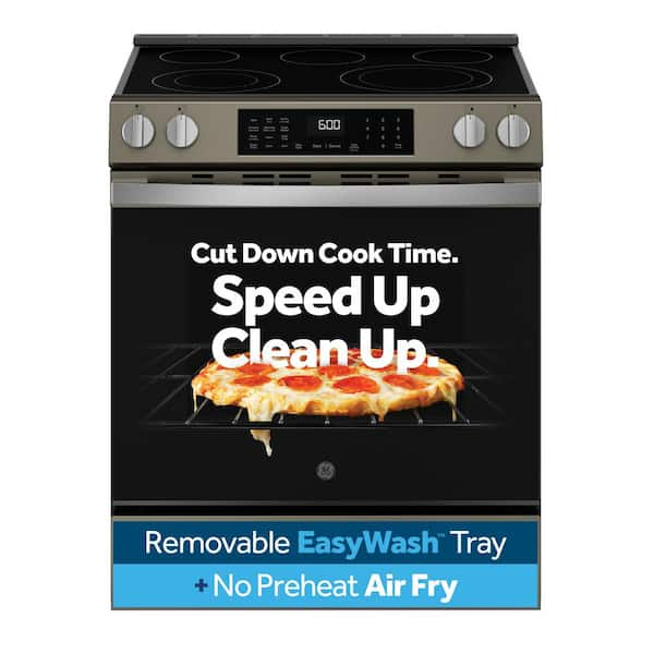 GE 30 in. 5 Burner Element Smart Slide-In Electric Convection Range in Slate with EasyWash Oven Tray And No-Preheat Air Fry