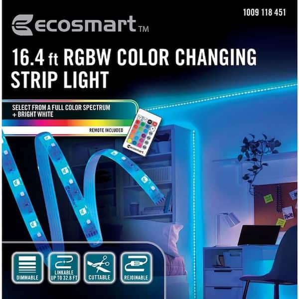 EcoSmart 16.4 ft. RGBW Color Changing Dimmable Linkable Plug-In LED Strip  Light with Remote Control LS9A233-16F - The Home Depot