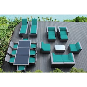 Gray 20-Piece Wicker Patio Combo Conversation Set with Supercrylic Turquoise Cushions