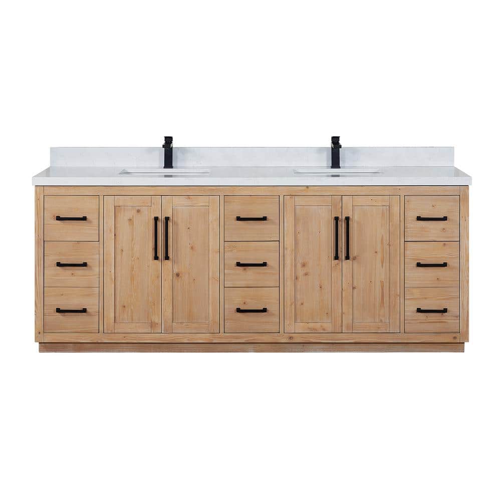 Cicero 84" Light Brown Fir Wood Vanity with White Stone Top