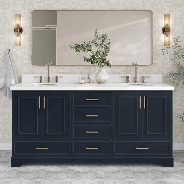 ARIEL Stafford 73 in. W x 22 in. D x 36 in. H Double Sink Freestanding Bath Vanity in Midnight Blue with Pure White Quartz Top