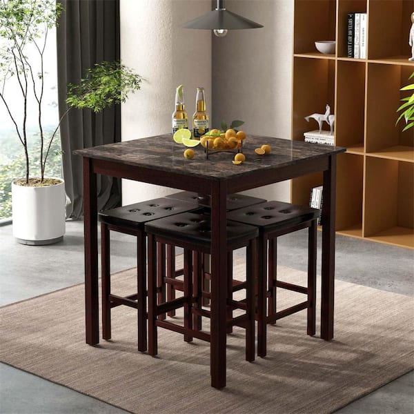 5-Piece Square Brown Wood Top Bar Table Set Dining Table and 4 PVC Leather Upholstered Bar Stools Seats 4
