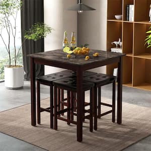 5-Piece Square Brown MDF Top Bar Table Set Dining Table & 4 PVC Leather Upholstered Bar Stools Seats 4