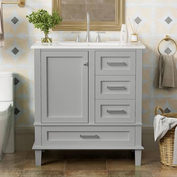 Qualler 30 in. W x 18.3 in. D x 34 in. H Single Sink Freestanding Bath Vanity in Grey with White Ceramic Top