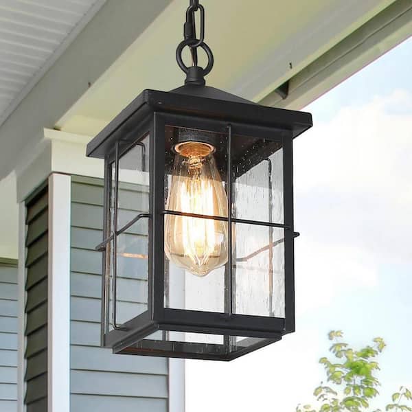 Lnc NA7NNFHD1254P47 Modern Farmhouse Black Outdoor Hanging Lantern 1 Light Coastal Pendant with Seeded Glass Shade for Covered Patio Porch
