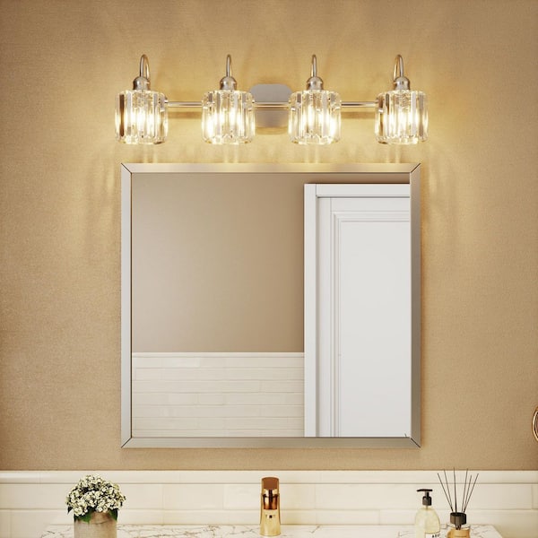 Merrin 32 in. 4-Light Brushed Nickel Bathroom Vanity Light with Crystal Shades