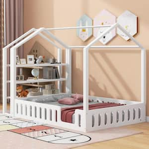 White Wood Frame Full Size House Platform Bed, Floor Bed with Fence Bedrails, Detachable Storage Shelves