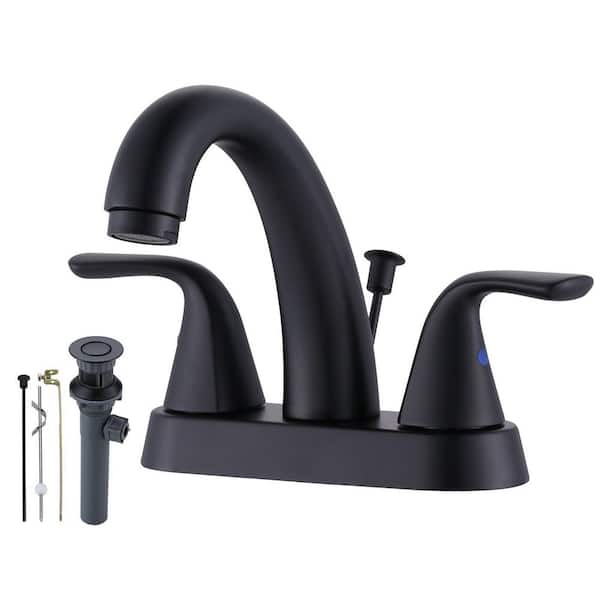 WOWOW 4 in. Centerset Double Handle Mid Arc Bathroom Faucet with Drain Kit Included in Matte Black