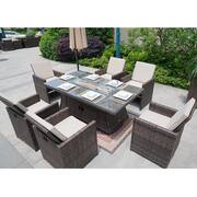 Avishai Brown 7-Piece Wicker Patio Fire Pit Dining Sofa Set with Beige Cushions