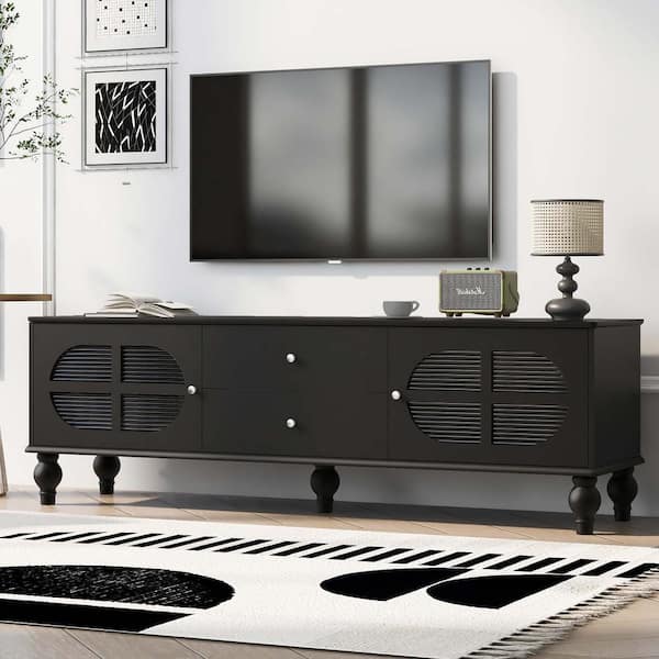 Polibi Black TV Stand Fits TV's up to 75 in. with Fluted Glass Doors, Five Solid Wood Legs