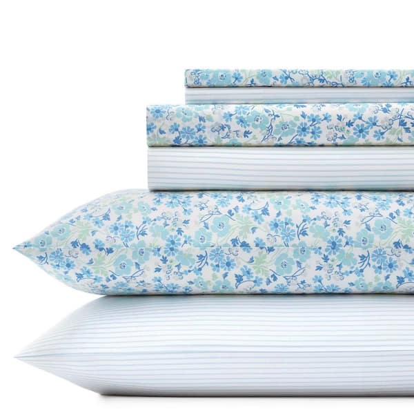 Laura Ashley Jaynie 6-Piece Blue Floral and Striped Cotton King Sheet Set Bonus