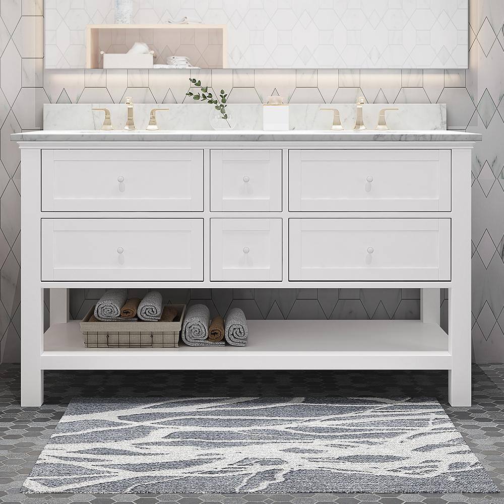 61 in. W x 22 in. D x 40 in. H Double Sink Freestanding Bath Vanity in Whit