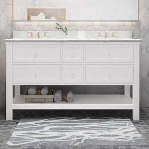 61 in. W x 22 in. D x 40 in. H Double Sink Freestanding Bath Vanity in White with White Marble Top and Storage Cabinet