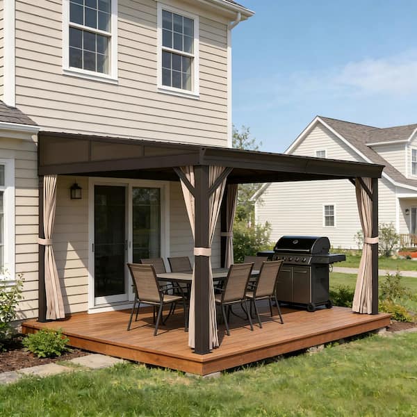 10 ft. x 12 ft. Outdoor Patio Aluminum Frame Lean-To Hardtop Gazebo with Galvanized Steel Roof, Curtains and Netting