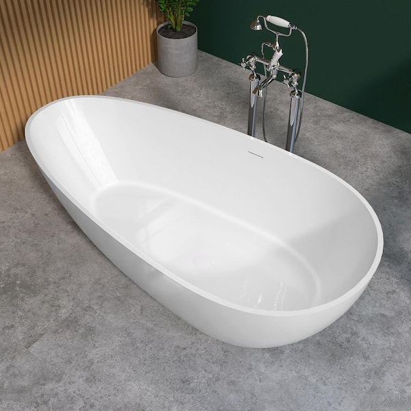59 in. x 30.7 in. Solid Surface Freestanding Soaking Tub Stone Resin Flatbottom Bathtub w/ Center Drain in Glossy White