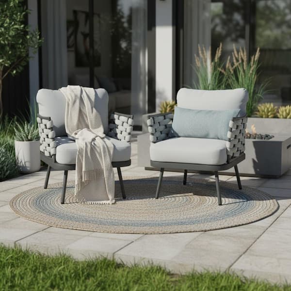 JPJPUU Gray Metal Outdoor Lounge Chair with Gray Cushions (2-Pack