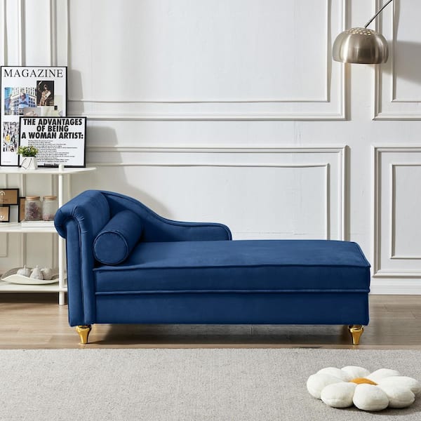 60.6 in. Navy Blue wood Frame Modern Velvet Bench, Chaise Lounge Chair with Hidden Storage and Gold Metal Legs