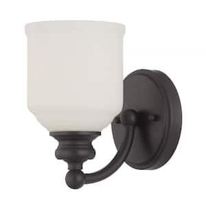 Melrose 5 in. W x 7.75 in. H 1-Light English Bronze Wall Sconce with White Opal Etched Glass Shade