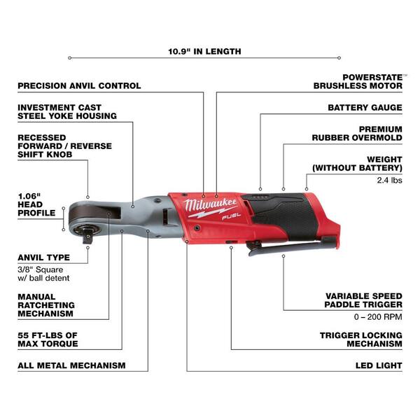 Milwaukee - M12 FUEL 12-Volt Lithium-Ion Brushless 3/8 in.Cordless Ratchet w/4.0 Ah Starter Kit