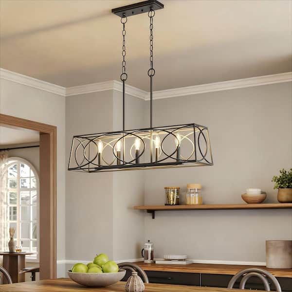 36.1 in. 5-Light Black Rectangular Chandelier with Metal Caged Shade, Farmhouse Pendant for Kitchen, Living Room, Foyer