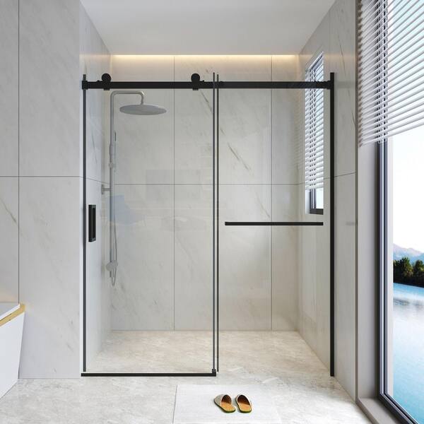 WYonder 60 in. W x 72 in. H Semi Frameless Shower Door in Matte Black with 5/16 in. (8 mm) Clear Glass
