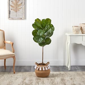 4 ft. Green Fiddle Leaf Artificial Tree in Boho Chic Handmade Cotton Planter with Tassels UV Resistant (Indoor/Outdoor)