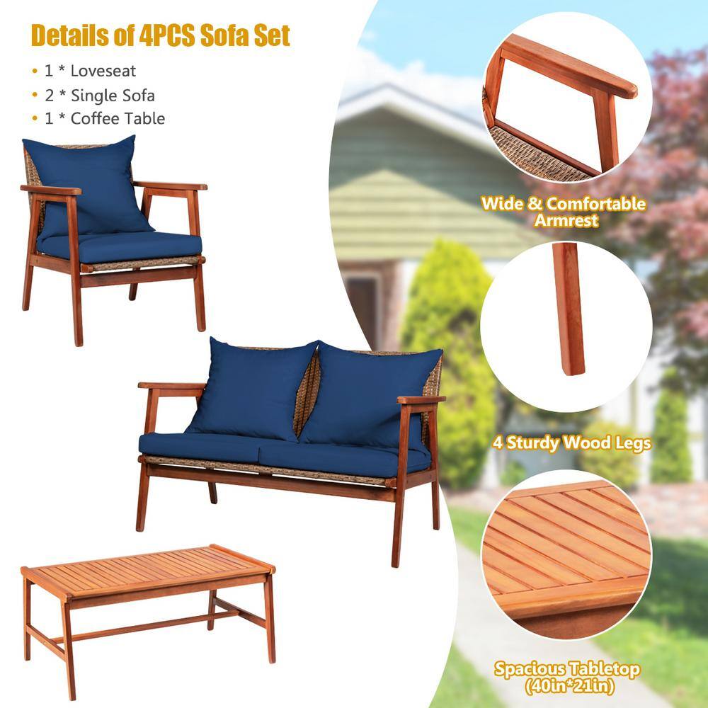 Navy Acacia Wood and Rattan 4-Piece Outdoor Patio Set
