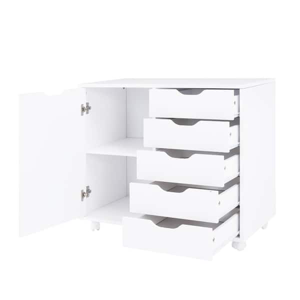 zone Optimisme straal HOMESTOCK White, 5 -Drawer Wood Storage Dresser Cabinet with Shelves,  Wheels, Craft Storage, Makeup -Drawer File Cabinet, 58349W - The Home Depot