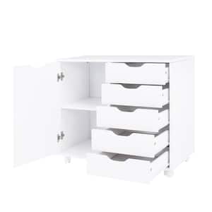 White, 5 -Drawer Wood Storage Dresser Cabinet with Shelves, Wheels, Craft Storage, Makeup -Drawer File Cabinet,