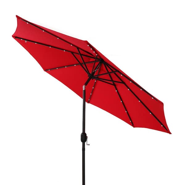 Clihome 9ft Outdoor Market Patio Umbrella 32 LED Solar Umbrella with Tilt and Crank in Red