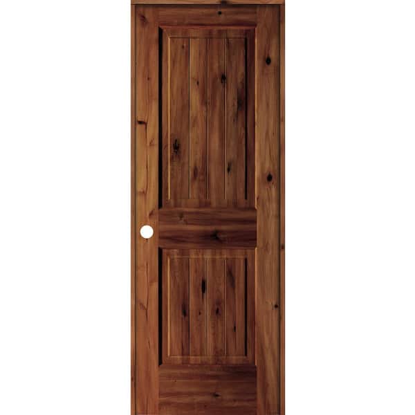 Krosswood Doors 28 in. x 80 in. Knotty Alder 2 Panel Right-Hand Sq. Top V-Groove Red Chestnut Stain Wood Single Prehung Interior Door
