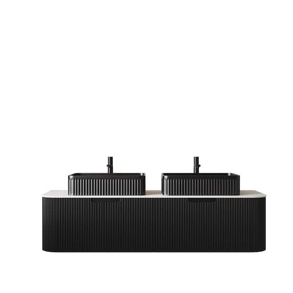 60 in. Wall-Mounted Black Bath Vanity with White Solid Surface Top Pre-Assembled