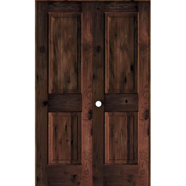 Krosswood Doors 48 in. x 80 in. Rustic Knotty Alder 2-Panel Right-Handed Red Mahogany Stain Wood Double Prehung Interior Door Square-Top
