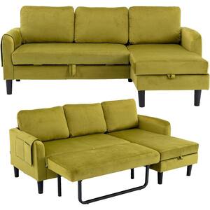 72.44 in. Square Arm Velvet Convertible Sleeper Sofa L-Shape Reversible Sectional Sofa in Olive with Storage Chaise