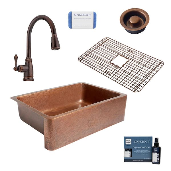 SINKOLOGY Adams All-in-One Farmhouse Copper 33 in. Single Bowl Kitchen Sink with Pfister Rustic Bronze Faucet and Disposal Drain