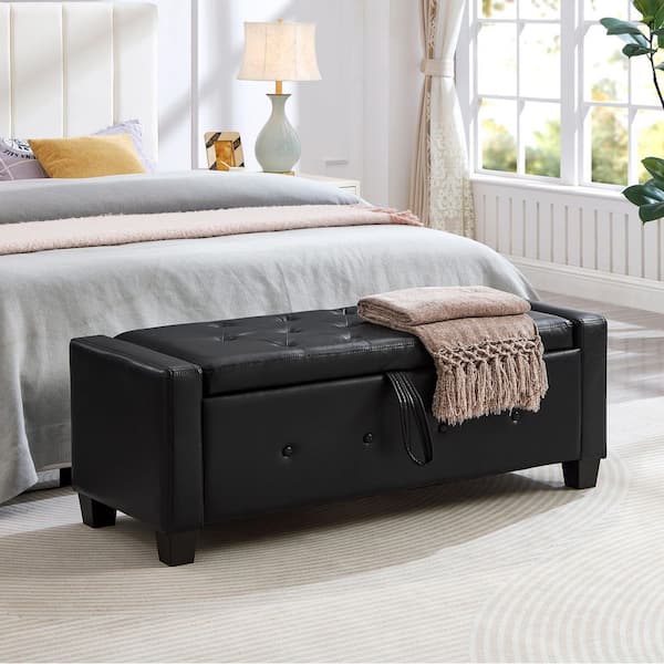 48 in. Black Tufted Faux Leather End of Bed Bench with Storage, 300 lbs. Capacity