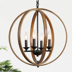 Modern Farmhouse 20 in. 4-Light Black Artisan Iron Orb Chandelier with Painted Pine Wood Accents Pendant Light