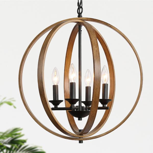 LNC Modern Farmhouse 20 in. 4-Light Black Artisan Iron Orb Chandelier with Painted Pine Wood Accents Pendant Light