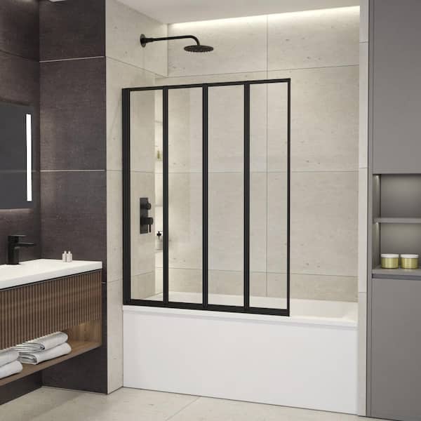 LuxWay Triton 44 in. W x 55 in. H Bi Fold Framed Bath Screen Tub Door in Black with Clear Glass