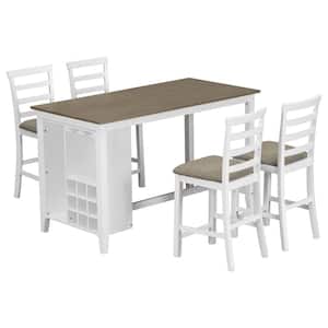 White Wash 5-Piece Rubber Wood Counter Height Outdoor Dining Set with Brown Padded Cushion