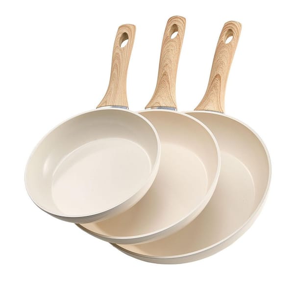 Frying Pan Skillet, 3 Piece Aluminum Egg Fry Pans,Nonsitck Ceramic Heavy-Duty Skillets with Heat-Resistant Handle,Beige