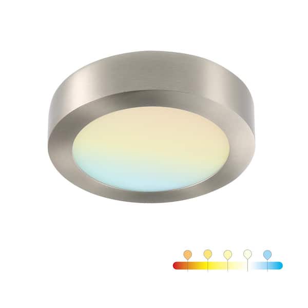 RUN BISON 9 in. Round Color Brushed Nickel Selectable Integrated LED Flush Mount Downlight