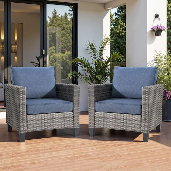 Audrey Gray 2-Piece Wicker Single Outdoor Lounge Chair Single Chairs with Denim Blue Cushion for Patio, Deck, Porch