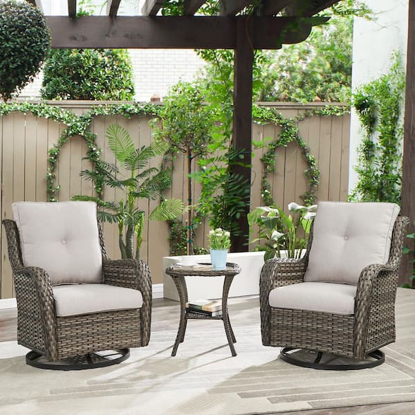 Opohoro ArcoBay 3-Piece Gray Wicker Swivel Outdoor Rocking Chairs Patio Conversation Set with Olefin Beige Cushions