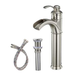 Single Hole Single-Handle Bathroom Faucet with Pop Up Drain and Supply Hose in Brushed Nickel